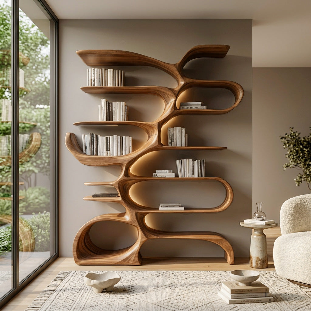 Sculptural Wooden Bookcase For Modern Living Room Storage Kitchnce
