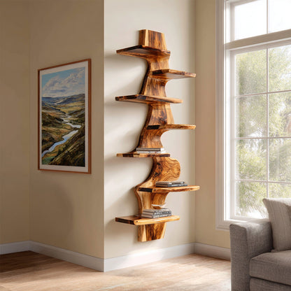 Vertical Wood Corner Wall Shelf With Sculptural Display