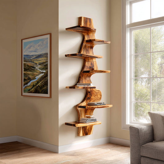 Vertical Wood Corner Wall Shelf With Sculptural Display