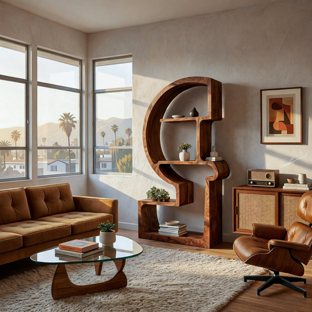 Artistic Wooden Bookshelf With Unique Curved Structure For Home Kitchnce