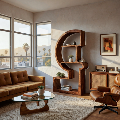 Artistic Wooden Bookshelf With Unique Curved Structure For Home Kitchnce