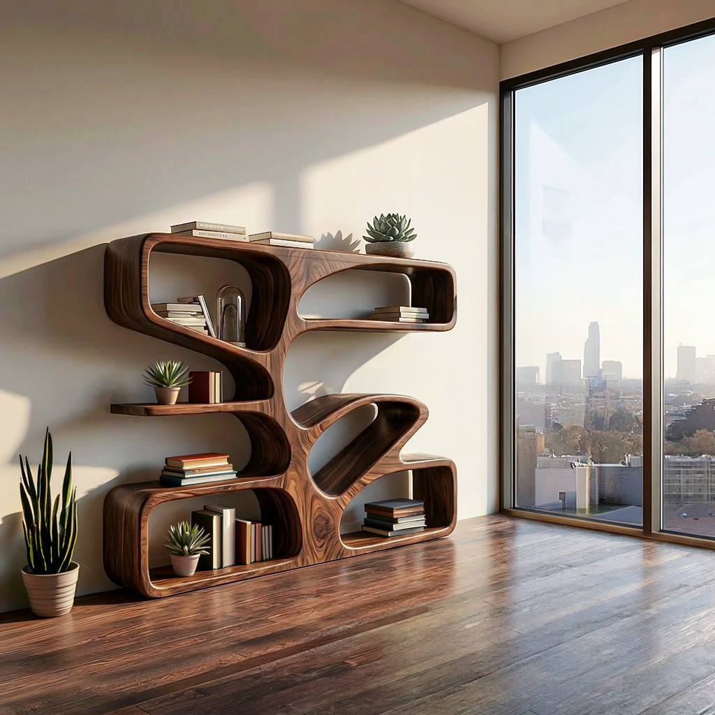 Statement Wooden Bookshelf With Sculpture Form For Home Kitchnce
