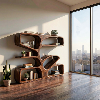 Statement Wooden Bookshelf With Sculpture Form For Home Kitchnce