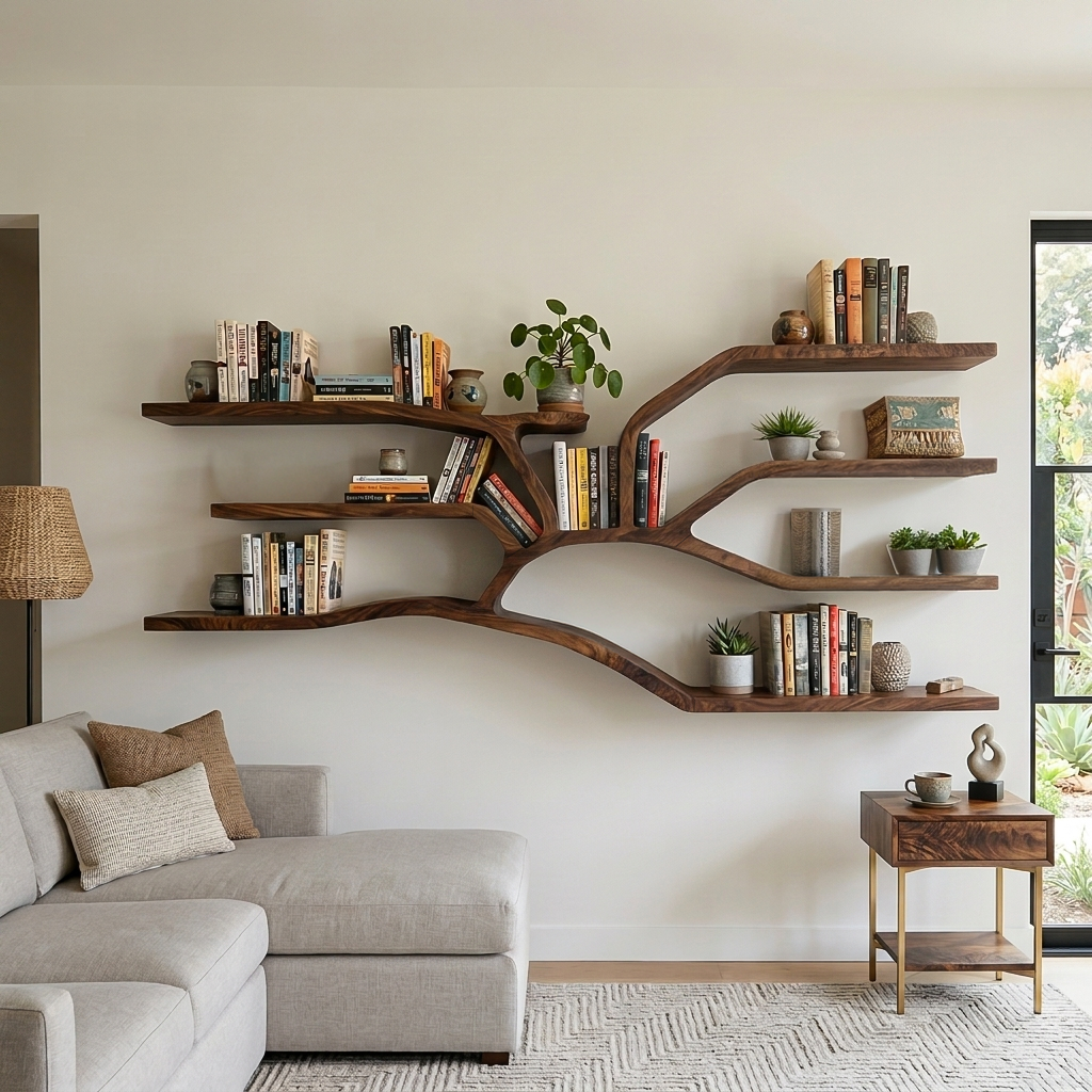 Handcrafted Sculptural Wooden Bookshelf For Living Room Decor Kitchnce
