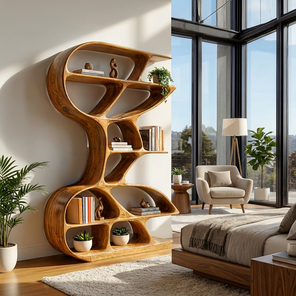 Wooden Bookshelf Unique Sculptural Design For Modern Living Room Kitchnce