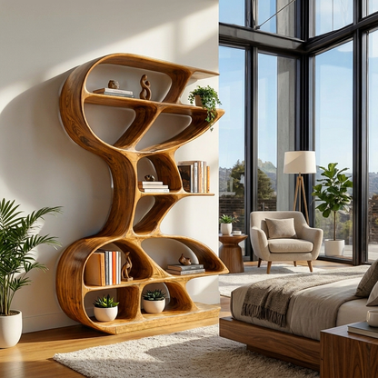 Wooden Bookshelf Unique Sculptural Design For Modern Living Room Kitchnce