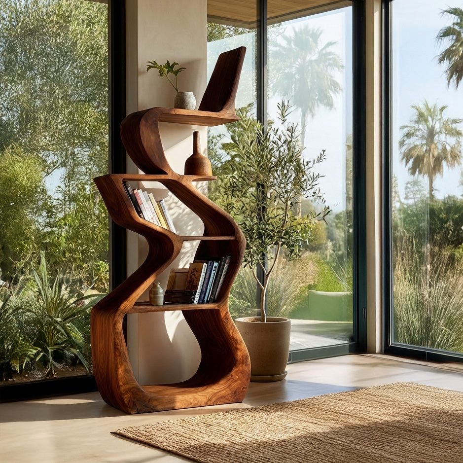Sculptural Wooden Bookshelf For Living Room Corner Kitchnce