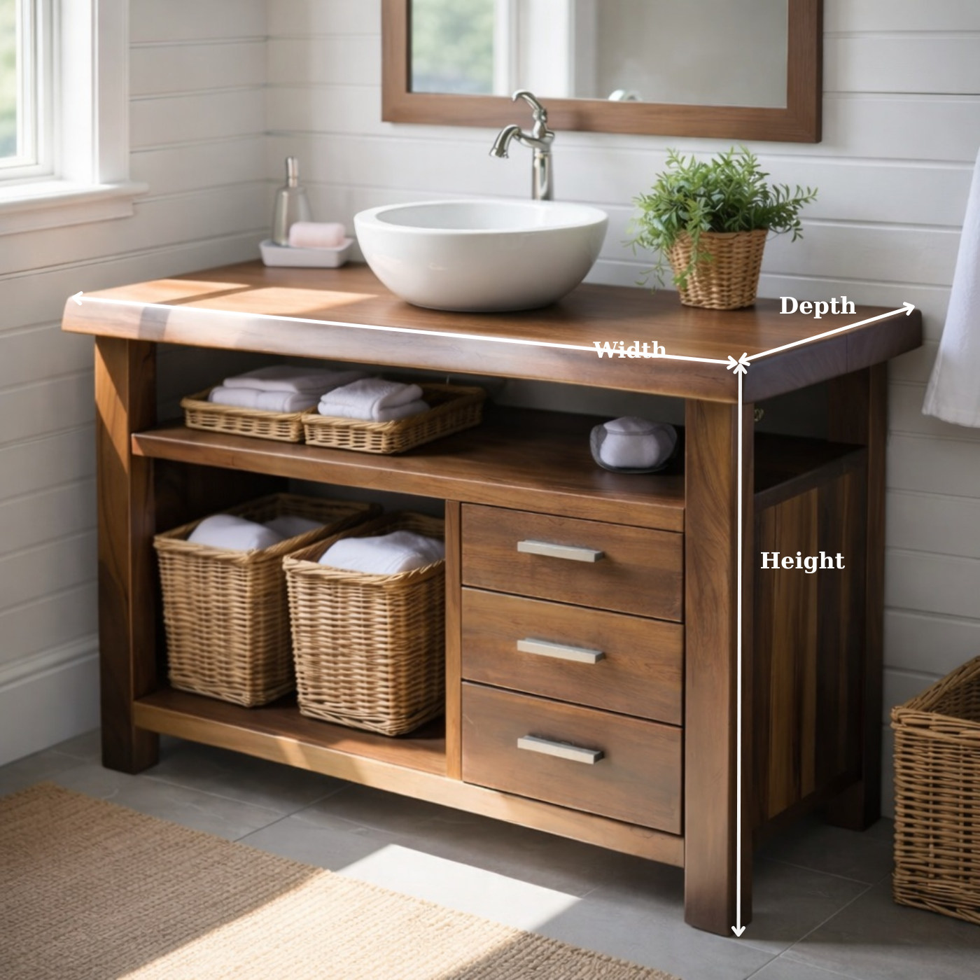 Handcraft Solid Wood Bathroom Vanity with Drawers and Open Shelf Storage Kitchnce