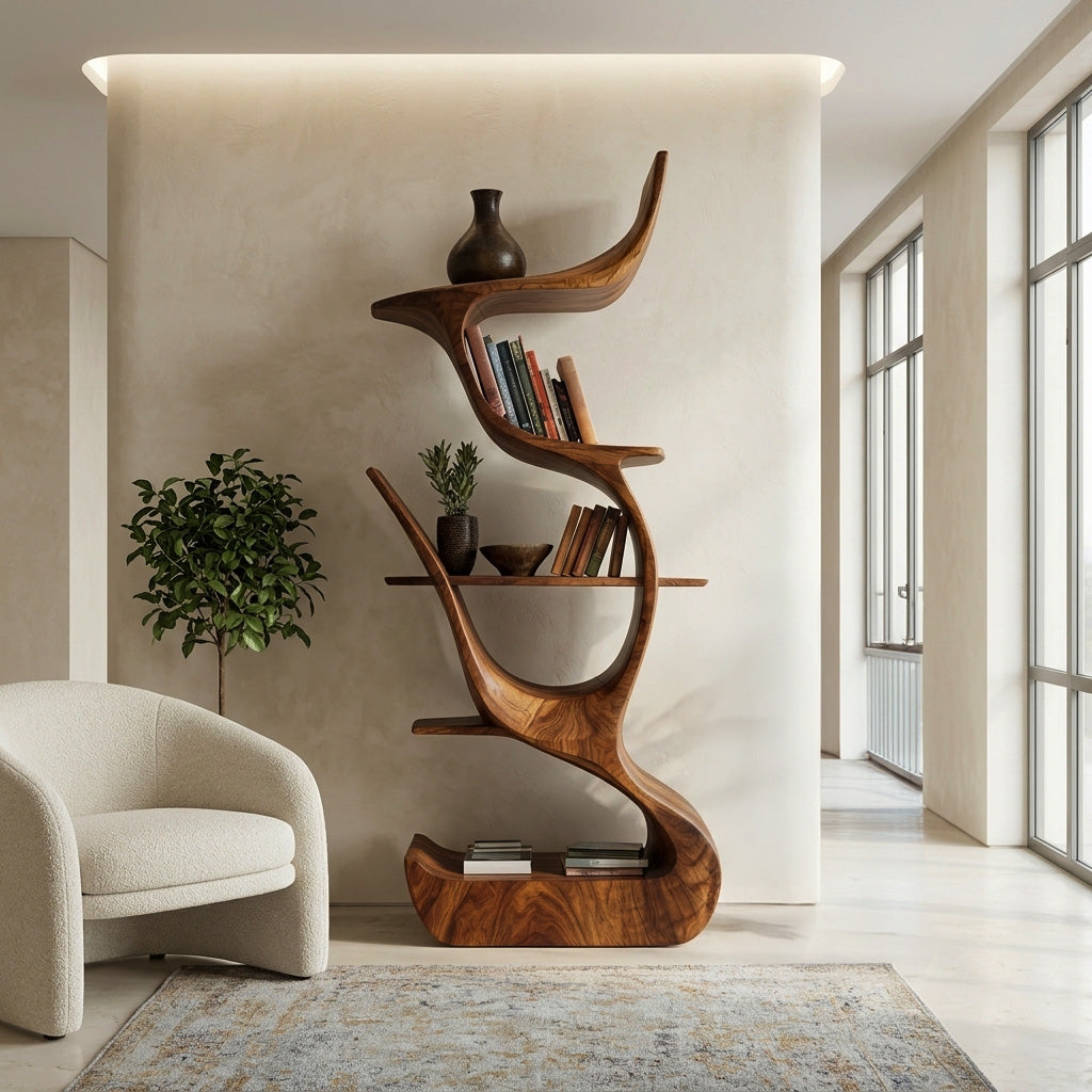 Contemporary Organic Wooden Bookshelf For Living Room Corner Kitchnce