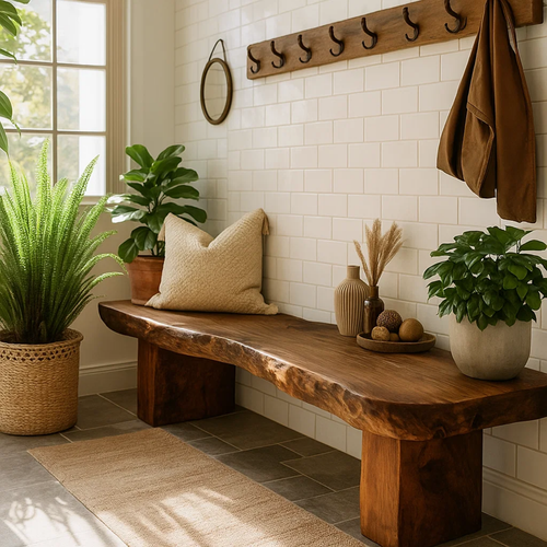 Handcrafted Solid Wood Bench – Rustic Live-Edge Slab Entryway Seating Kitchnce