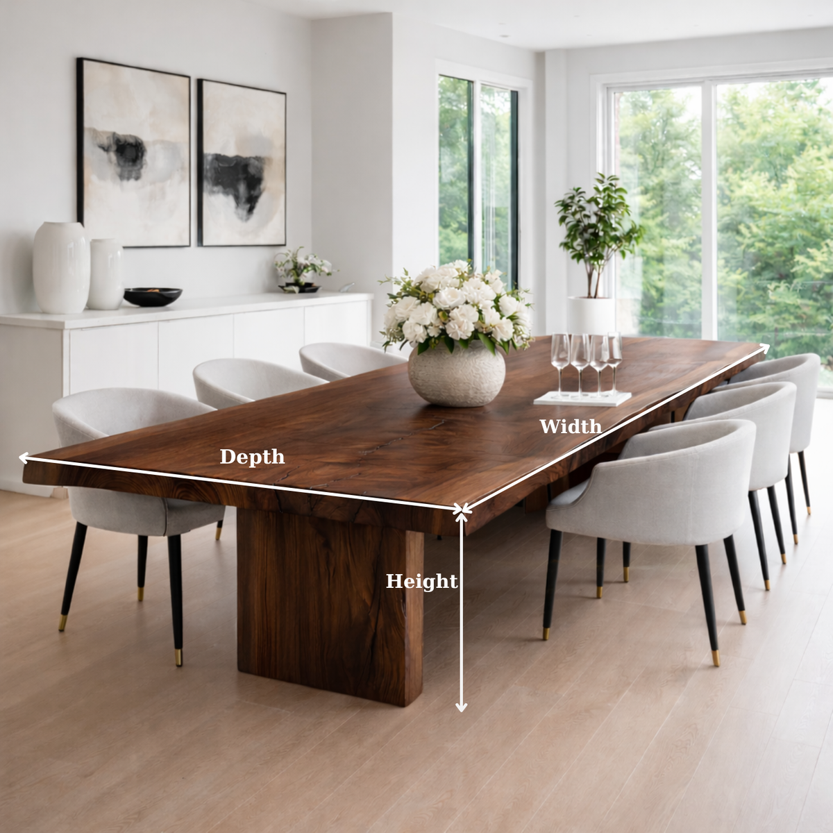 Solid Walnut Live Edge Dining Table with Sculptural Wood Base Kitchnce