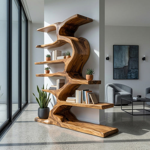 Organic Sculptural Wooden Bookshelf With Tiers For Living Room Kitchnce