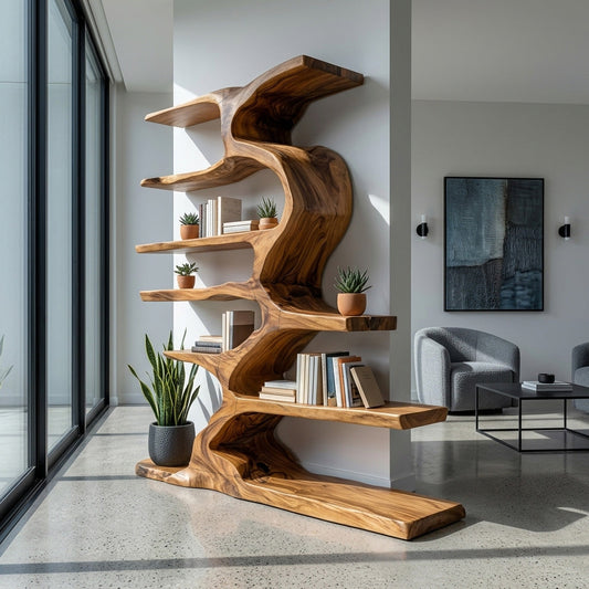 Organic Sculptural Wooden Bookshelf With Tiers For Living Room Kitchnce
