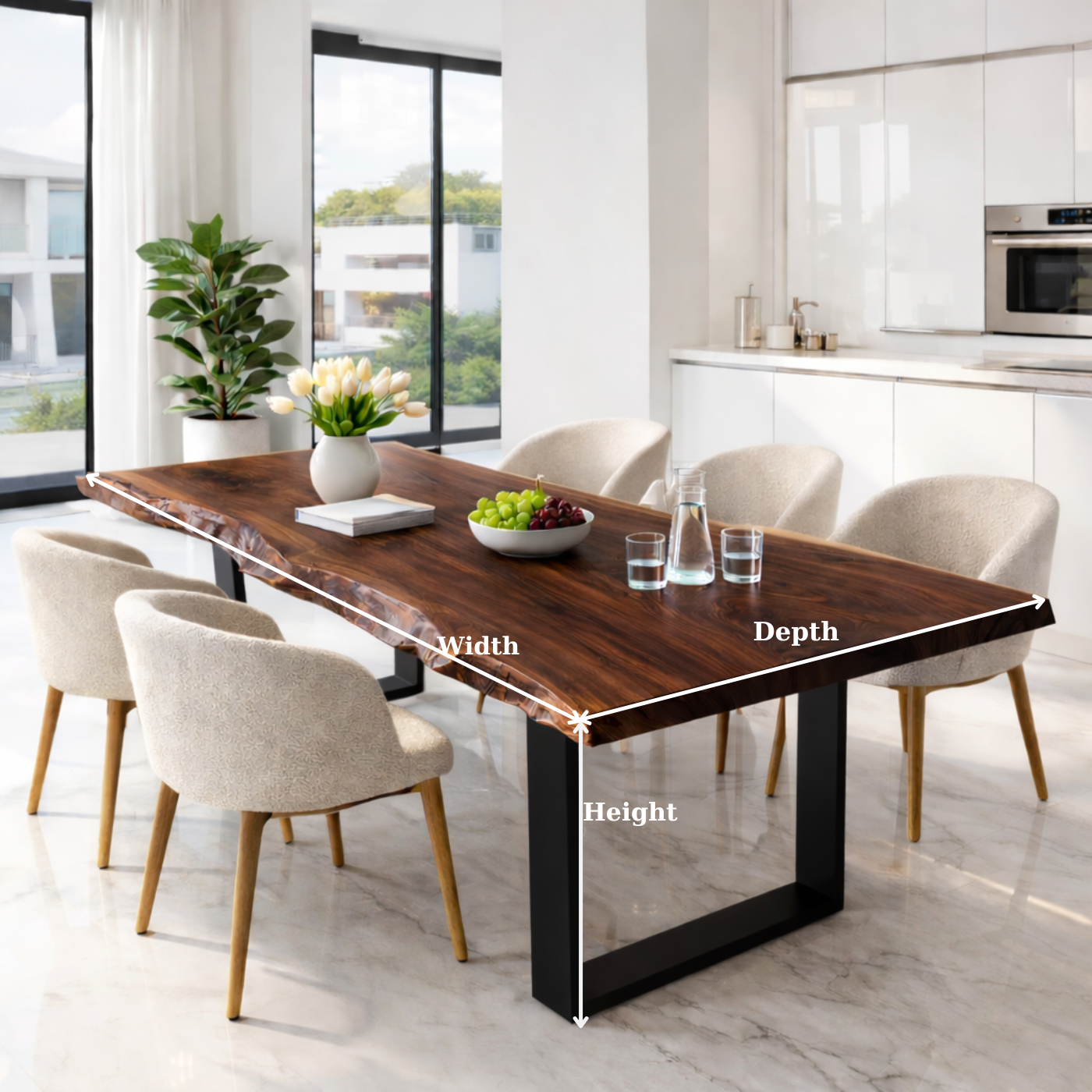 Live Edge Walnut Dining Table with Black Metal U-Shape Legs