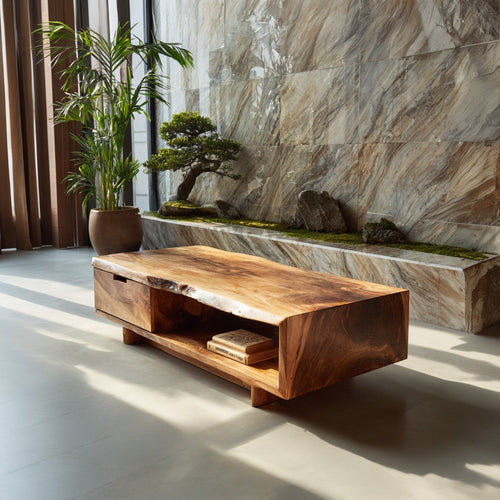 Live Edge Storage Coffee Table With Open Shelf