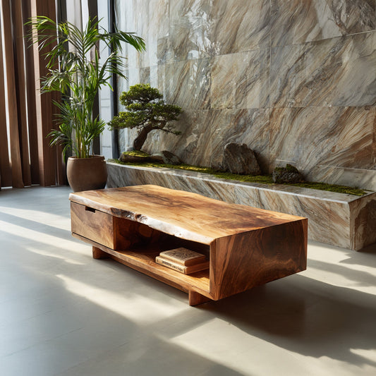 Live Edge Storage Coffee Table With Open Shelf
