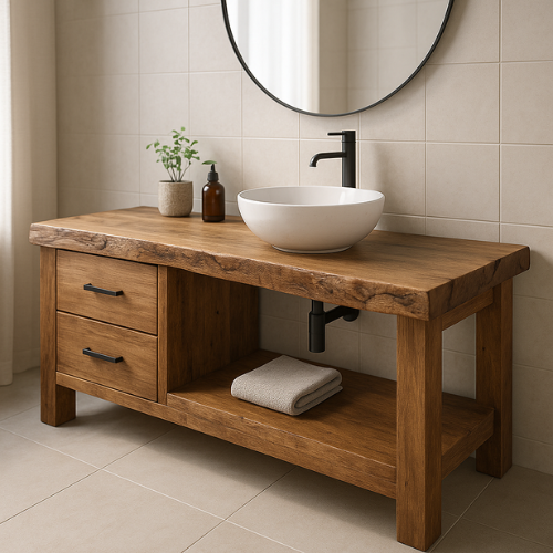 Handcrafted Solid Wood Bathroom Vanity – Live Edge Countertop with Drawers & Open Shelf – Rustic Modern Design for Natural Spa Interiors Kitchnce
