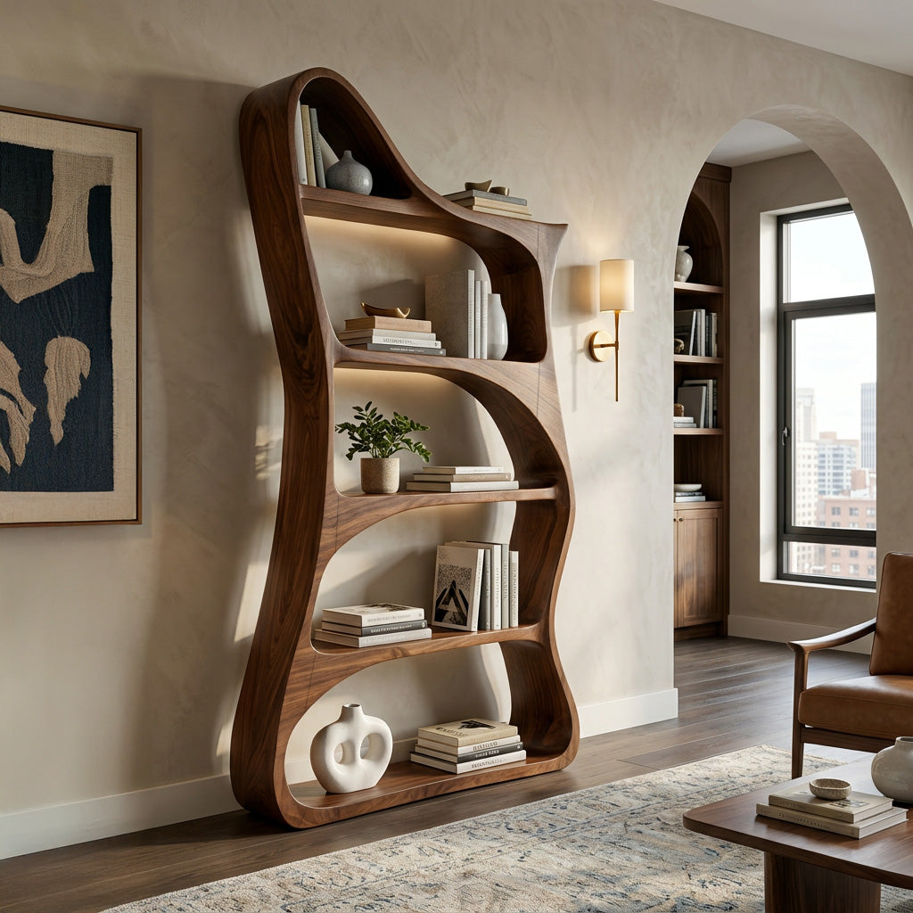Modern Sculptural Natural Wood Bookshelf For Living Room Kitchnce