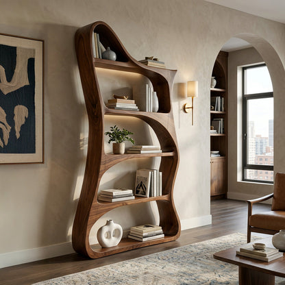 Modern Sculptural Natural Wood Bookshelf For Living Room Kitchnce