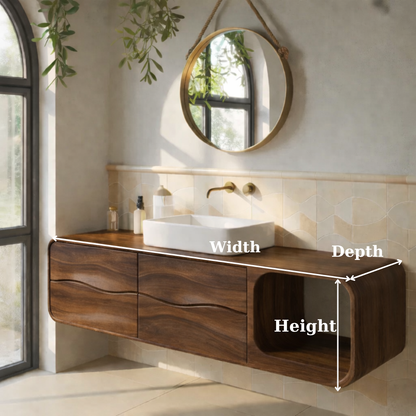Floating Solid Wood Bathroom Vanity with Drawers and Open Shelf Kitchnce