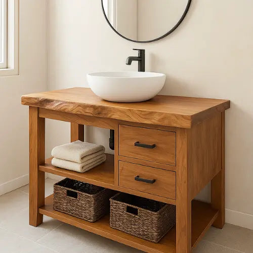 Handcrafted Solid Wood Bathroom Vanity – Live Edge with Drawers & Open Shelf Kitchnce