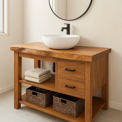 Handcrafted Solid Wood Bathroom Vanity – Live Edge with Drawers & Open Shelf Kitchnce