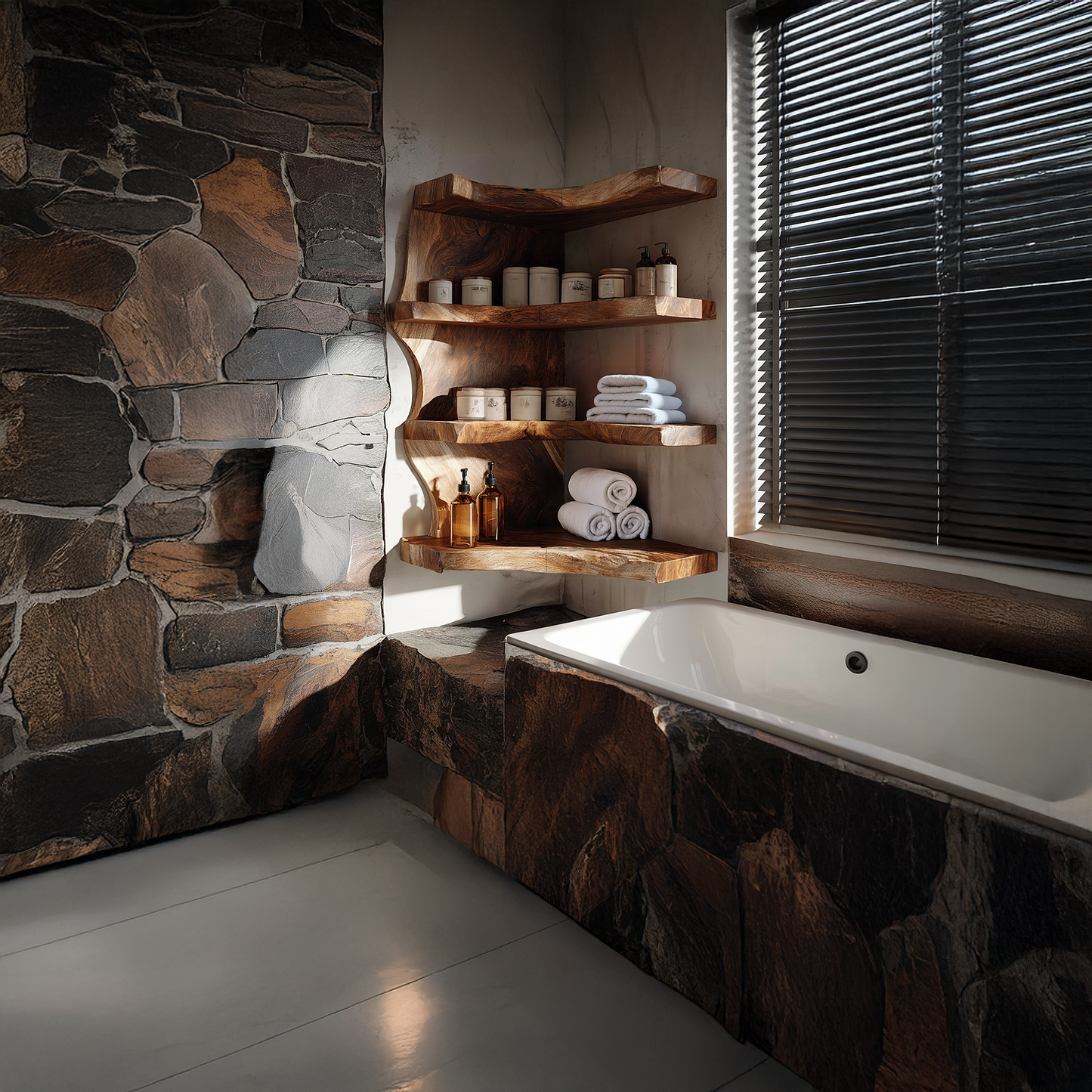 Corner Wall Shelf with Organic Curved Layers in Natural Wood