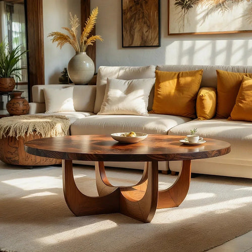 Round Natural Wood Coffee Table with Sculptural Curved Base