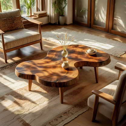 Organic Freeform Natural Wood Coffee Table with Rounded Edge Design
