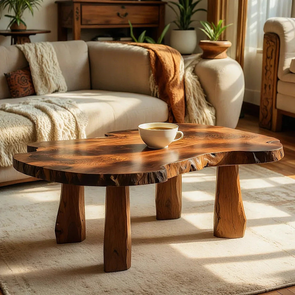 Live Edge Natural Wood Coffee Table with Solid Block Leg Base