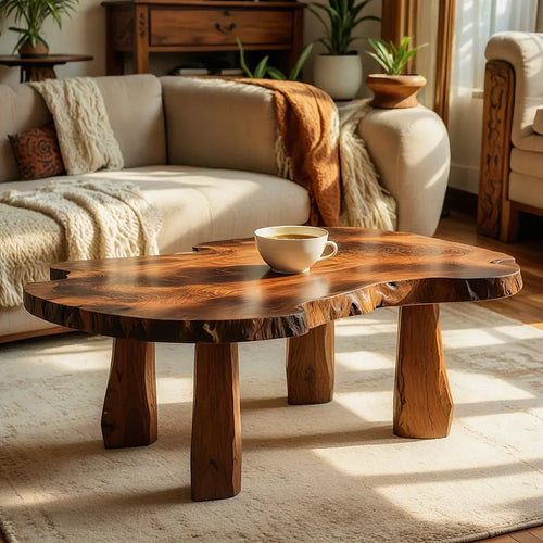 Live Edge Natural Wood Coffee Table with Solid Block Leg Base