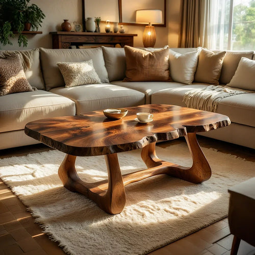Live Edge Natural Wood Coffee Table with Curved Sculptural Frame