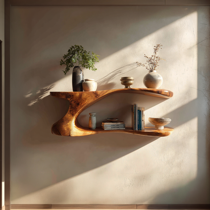 Natural Wood Floating Shelf with Sculptural Dual-Level Curve