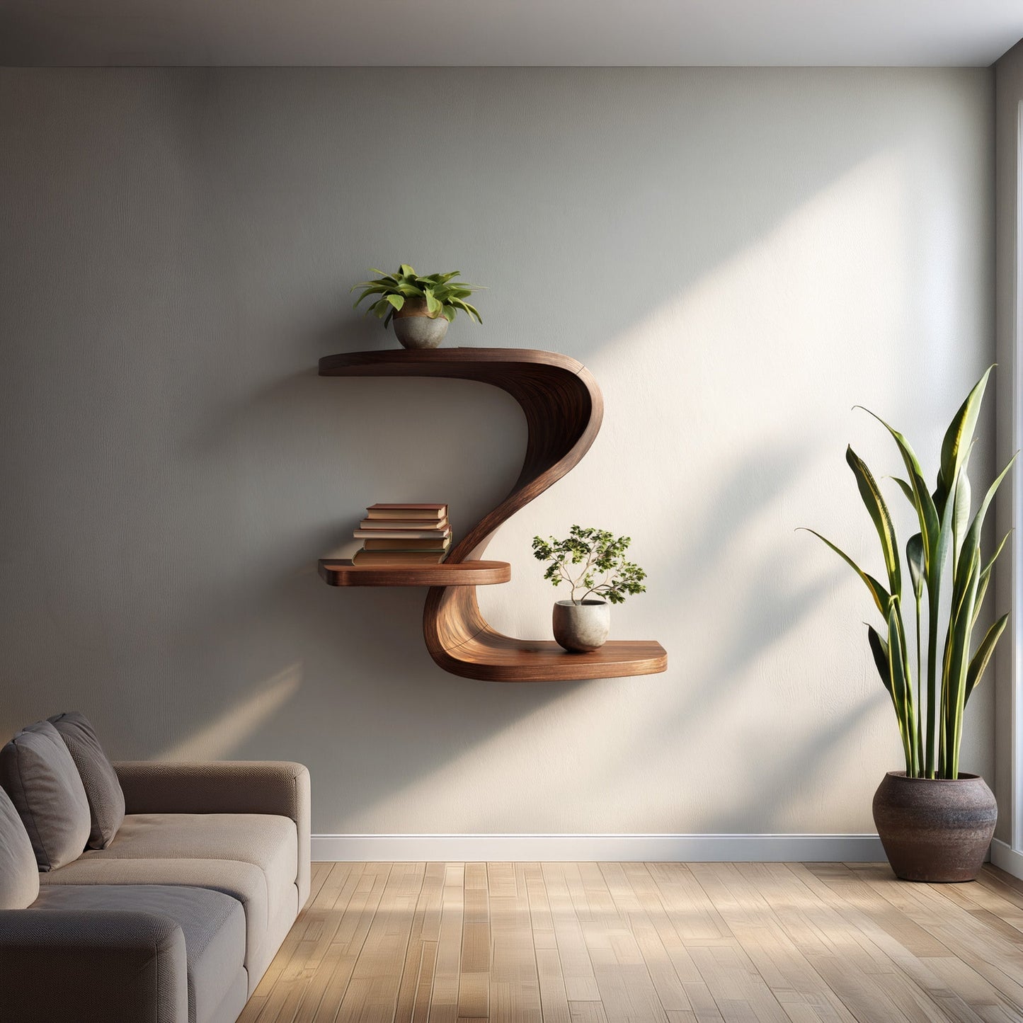 Curved S-Shaped Floating Wall Shelf with Tiered Display