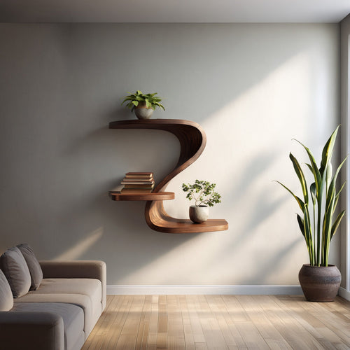 Curved S-Shaped Floating Wall Shelf with Tiered Display