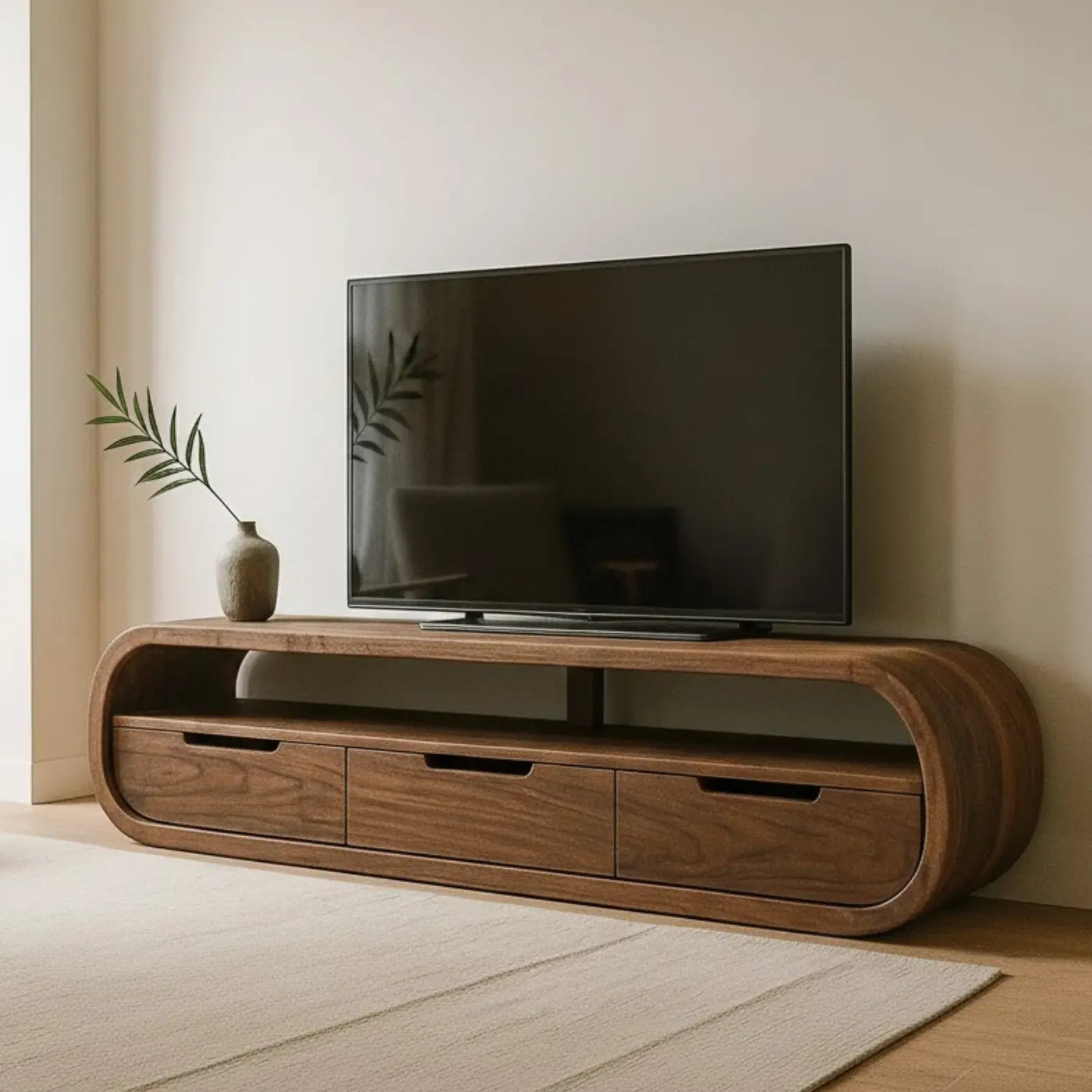 Handcrafted Solid Wood TV Stand - Modern Curved Console, Easy Assembly, 3 Drawers Kitchnce