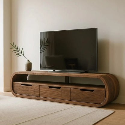 Handcrafted Solid Wood TV Stand - Modern Curved Console, Easy Assembly, 3 Drawers Kitchnce
