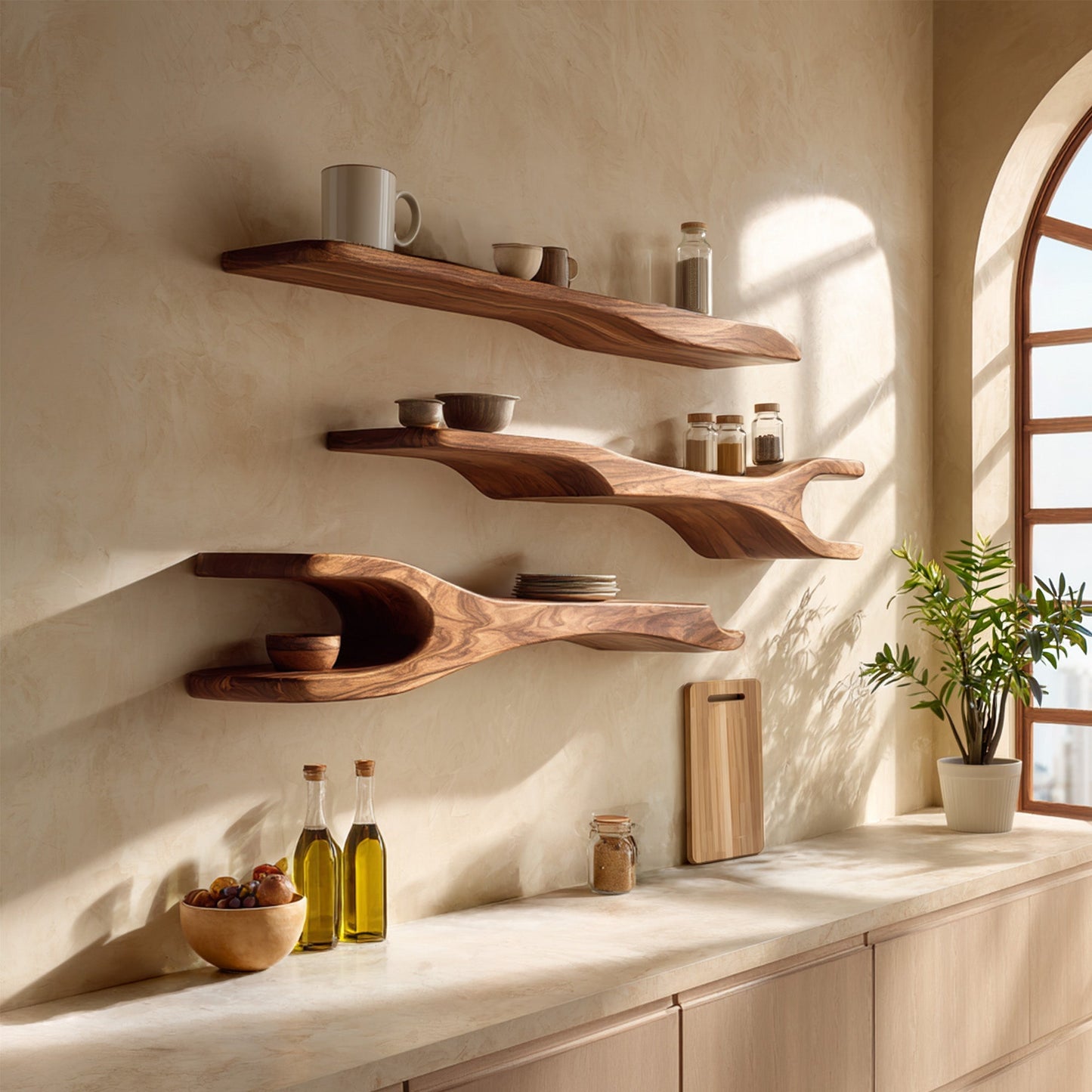Light Wood Kitchen Wall Shelf With Open Display