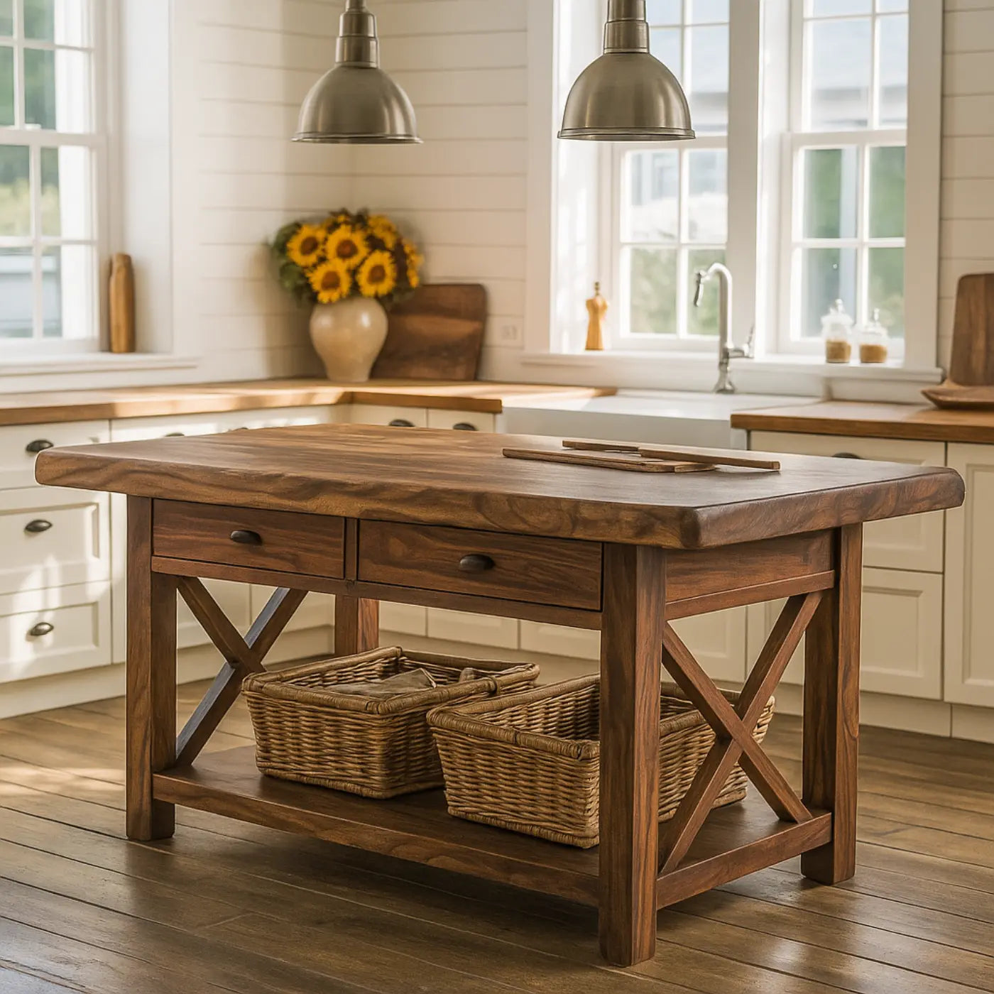 Handcrafted Solid Wood Kitchen Island - X-Base Design & Dark Finish Kitchnce