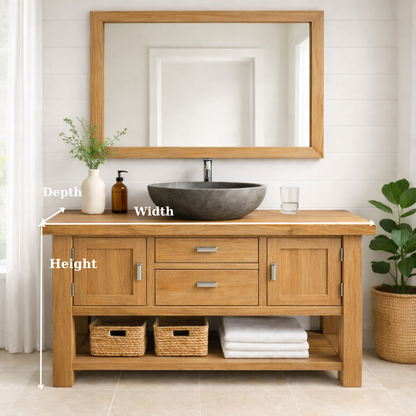 Timeless Solid Wood Bathroom Vanity with Double Side Cabinets, Center Drawers and Open Bottom Shelf