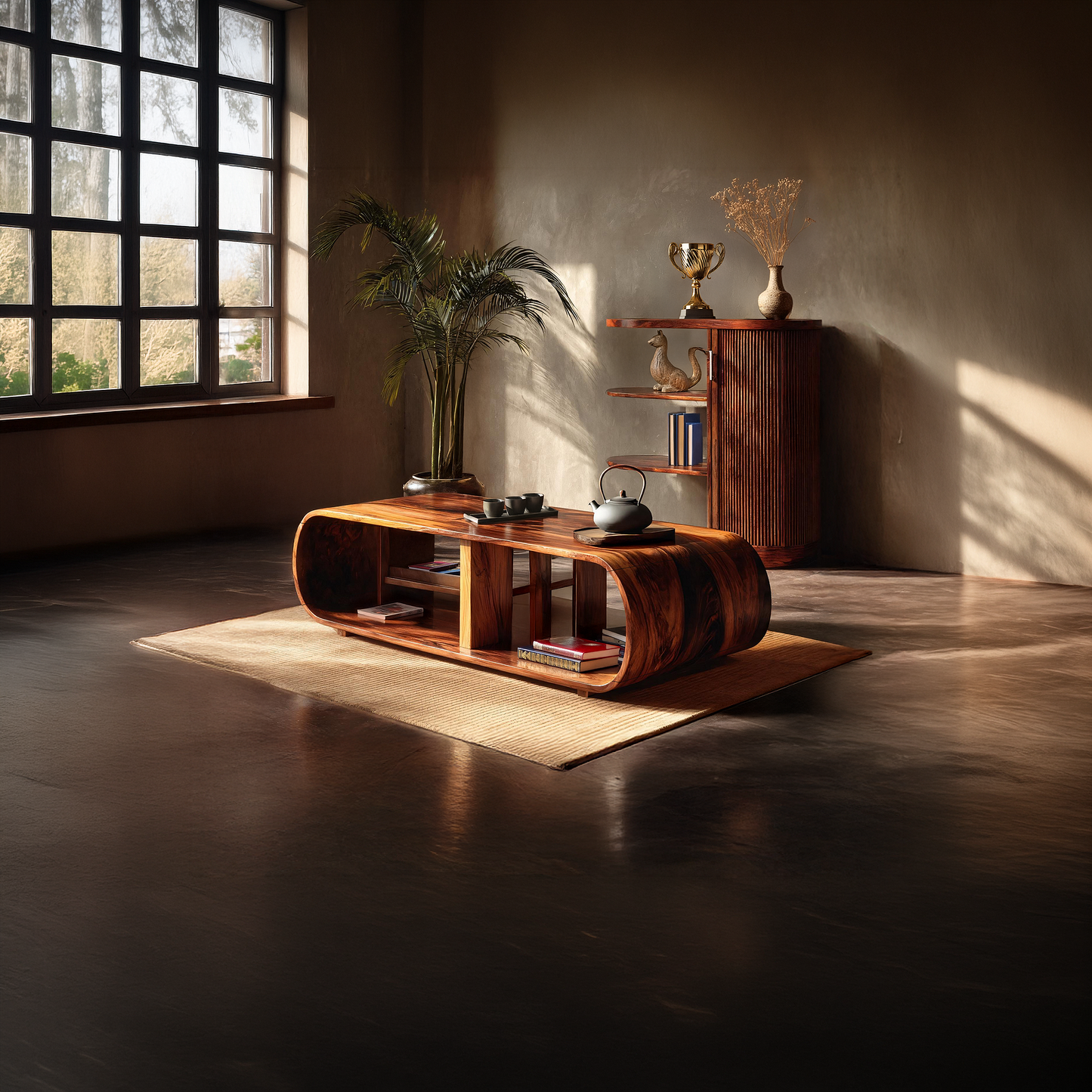 Curved Waterfall Coffee Table with Integrated Open Shelving