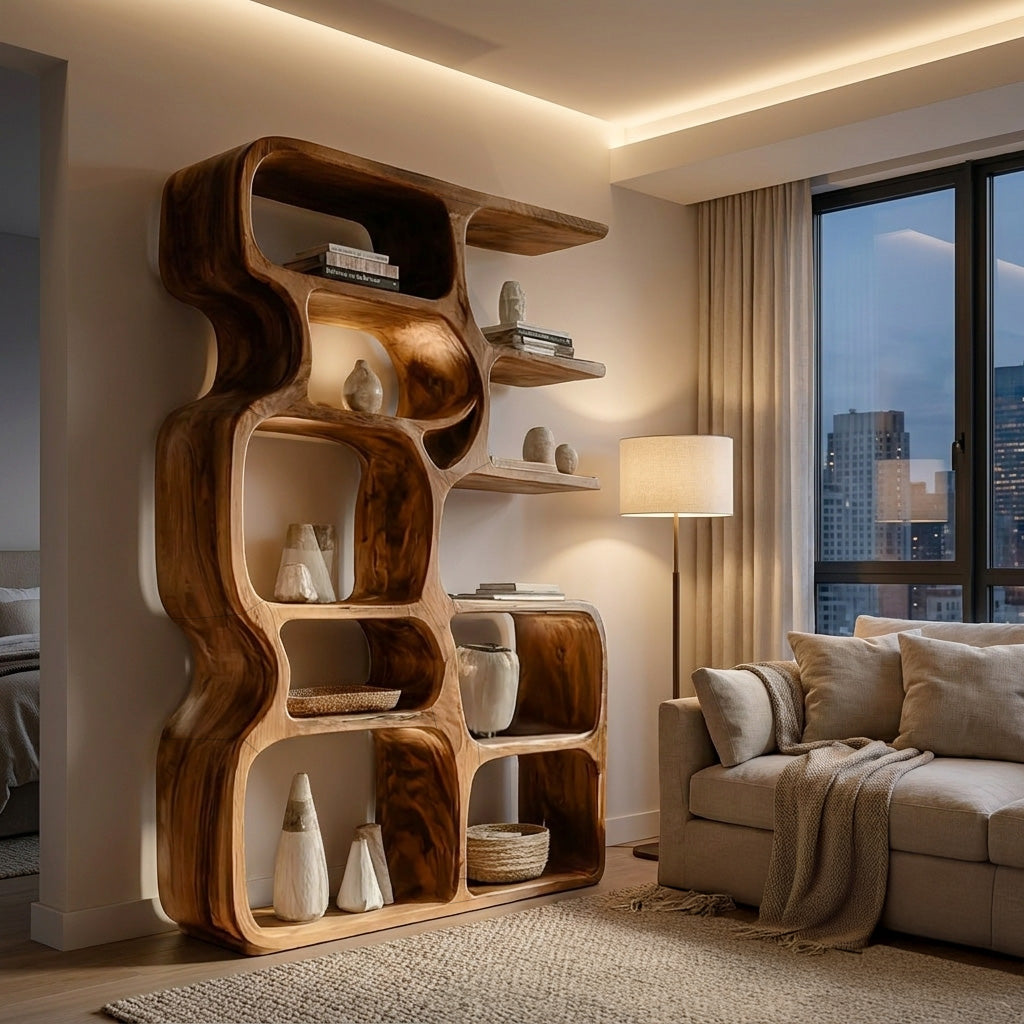 Minimalist Artistic Natural Wood Bookshelf For Living Room Kitchnce