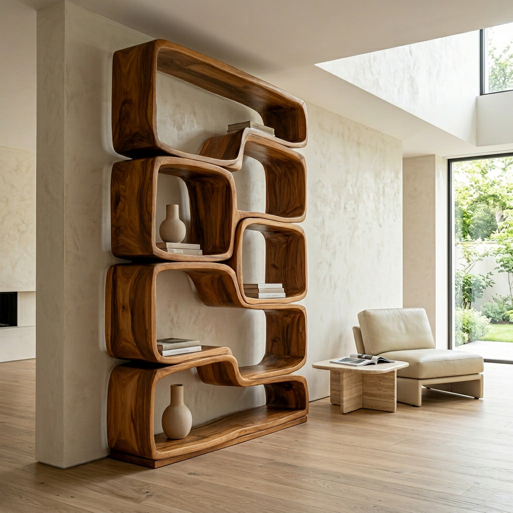 Contemporary Sculptural Natural Wood Bookshelf For Living Room Kitchnce