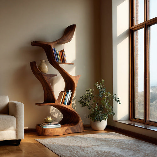 Abstract Sculptural Wooden Bookshelf For Living Room Kitchnce