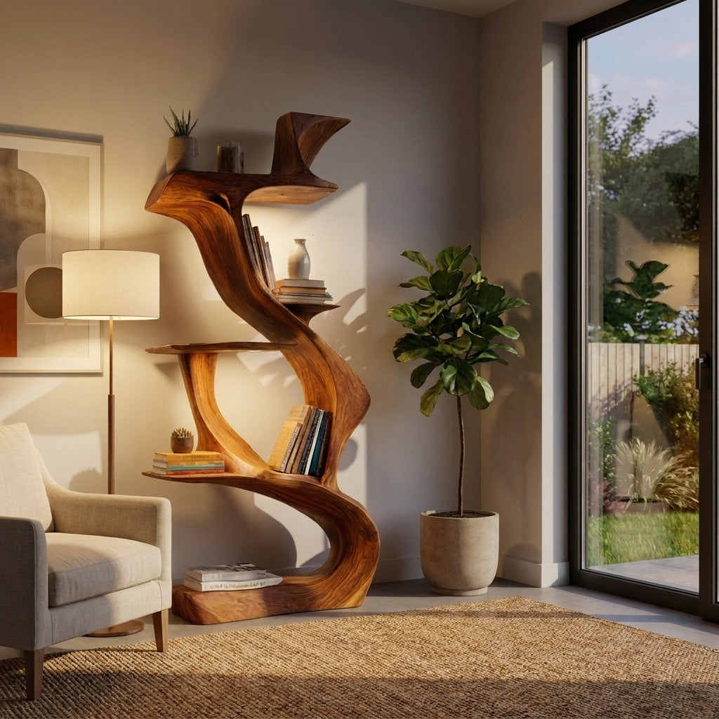 Sculptural Natural Wood Bookshelf For Living Room Kitchnce
