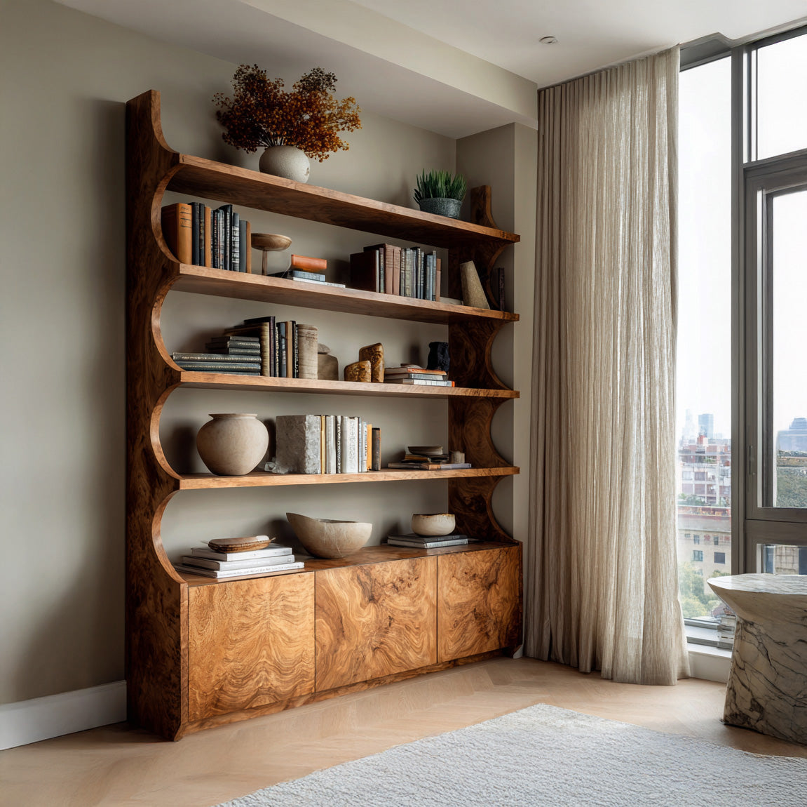 Organic Wooden Bookshelf With Curved Edges For Living Storage Kitchnce