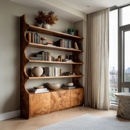 Organic Wooden Bookshelf With Curved Edges For Living Storage Kitchnce