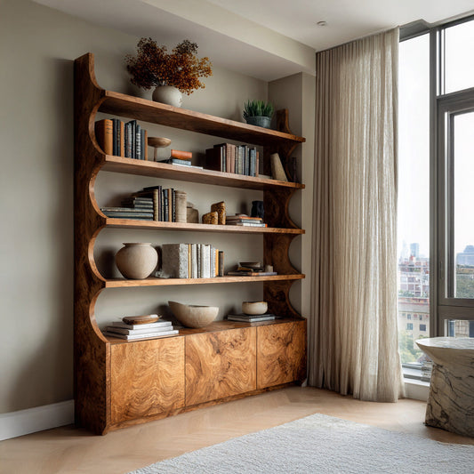 Organic Wooden Bookshelf With Curved Edges For Living Storage Kitchnce