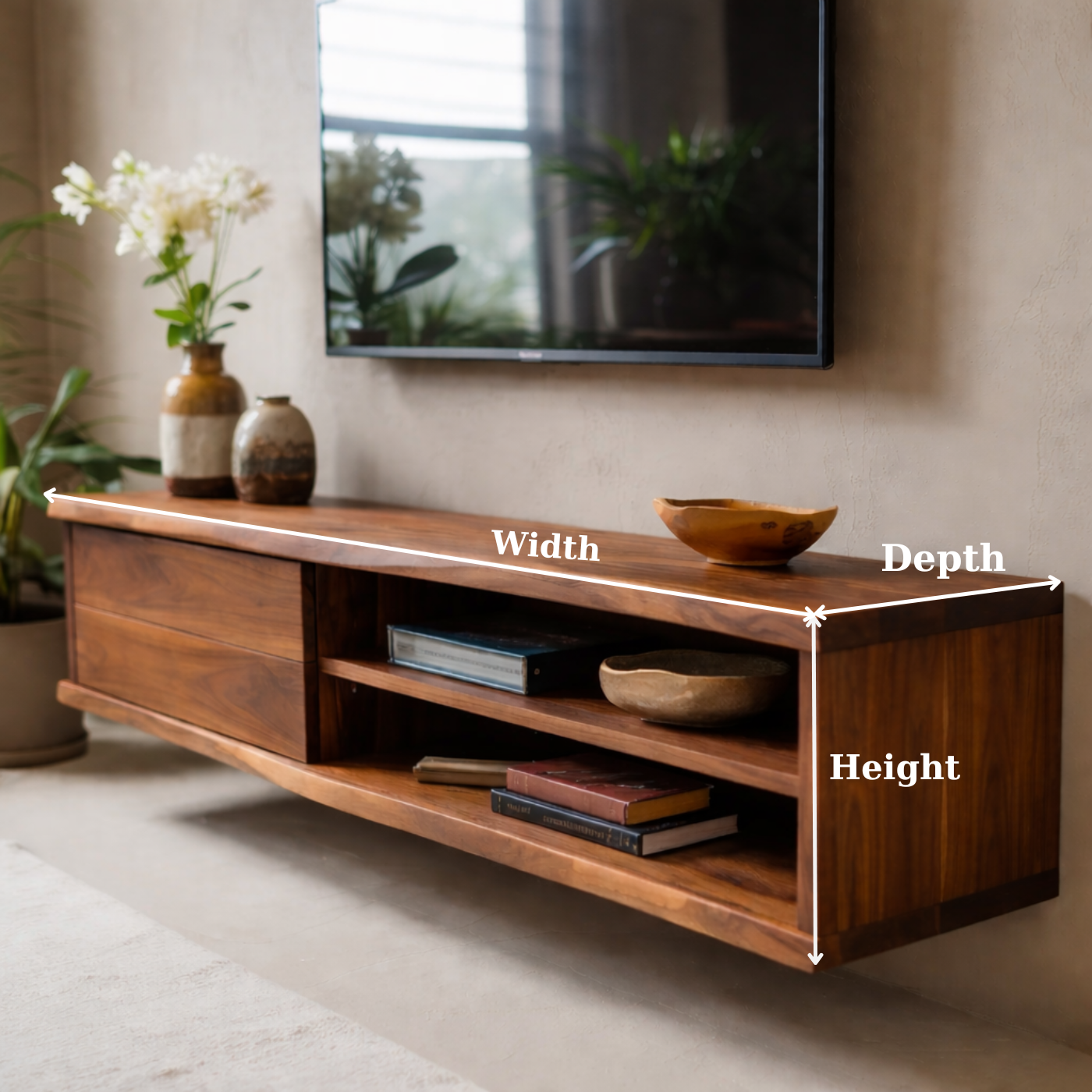 Floating Solid Wood TV Stand with Drawer and Open Shelves for Modern Living Rooms Kitchnce