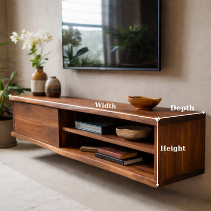 Floating Solid Wood TV Stand with Drawer and Open Shelves for Modern Living Rooms Kitchnce